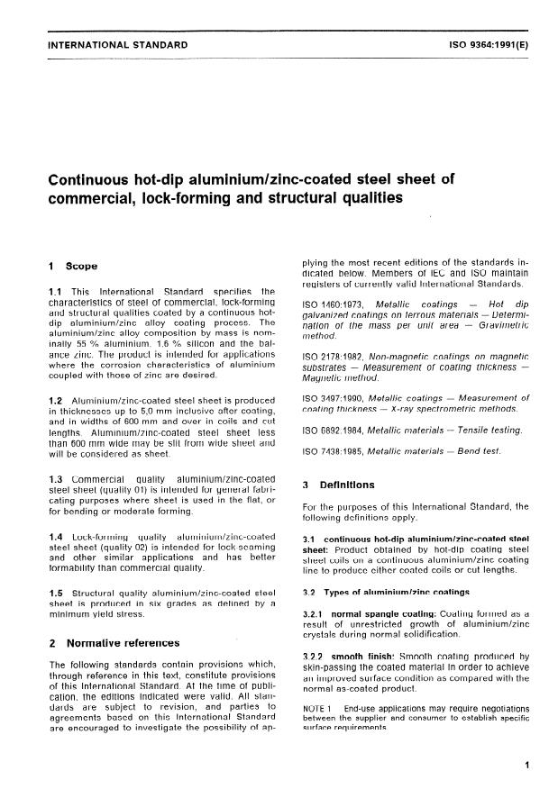 ISO 9364:1991 - Continuous hot-dip aluminium/zinc-coated steel sheet of commercial, lock-forming and structural qualities