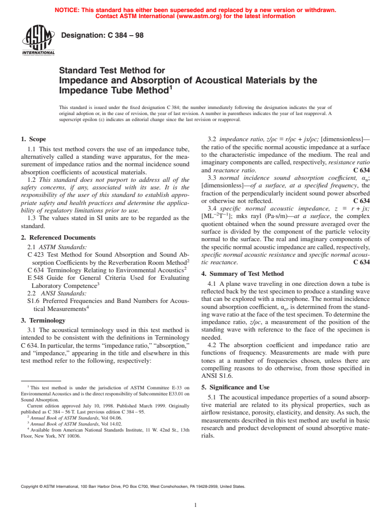 ASTM C384-98 - Standard Test Method for Impedance and Absorption of Acoustical Materials by the Impedance Tube Method