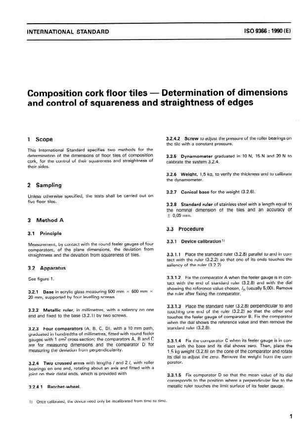 ISO 9366:1990 - Composition cork floor tiles -- Determination and control of squareness and straightness of edges