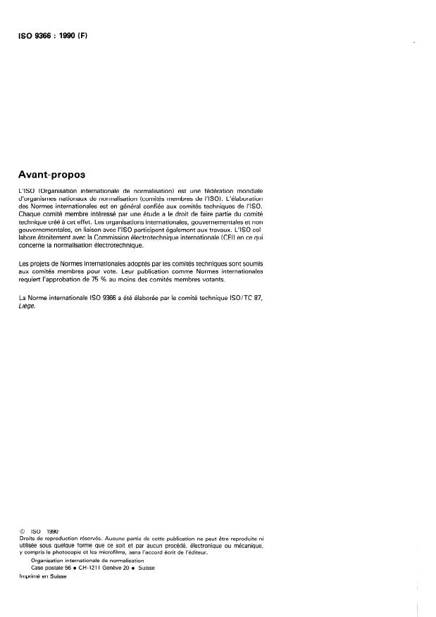 ISO 9366:1990 ISO 9366:1990 - Dalles d'aggloméré composé de liege pour revetements des sols -- Détermination des dimensions et contrôle de l'équerrage et de la rectitude des bords - Page 2 preview