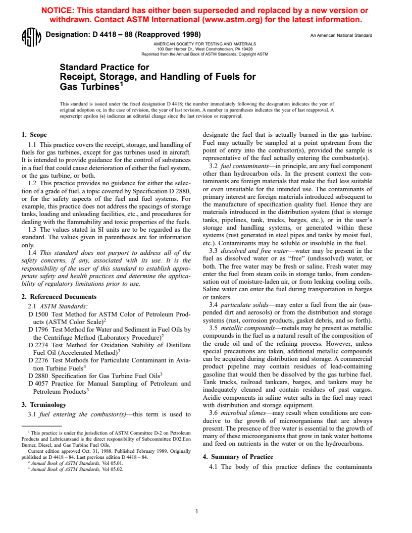 ASTM D4418-88(1998) - Standard Practice for Receipt, Storage, and Handling of Fuels for Gas Turbines