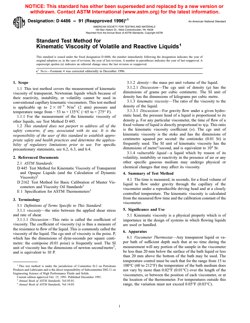 ASTM D4486-91(1996)e1 - Standard Test Method for Kinematic Viscosity of Volatile and Reactive Liquids