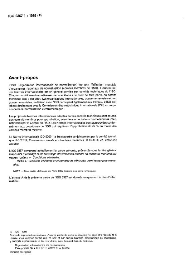 ISO 9367-1:1989 ISO 9367-1:1989 - Dispositifs d'arrimage et de saisissage des véhicules routiers en transport maritime sur navires rouliers -- Conditions générales - Page 2 preview