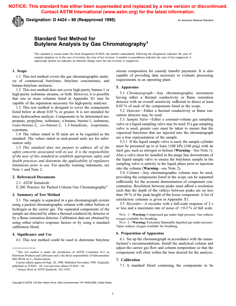 ASTM D4424-90(1995) - Standard Test Method for Butylene Analysis by Gas Chromatography