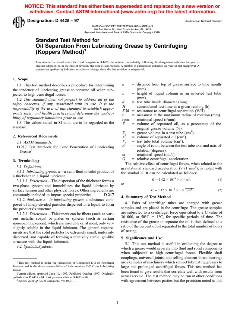 ASTM D4425-97 - Standard Test Method for Oil Separation From Lubricating Grease by Centrifuging (Koppers Method)