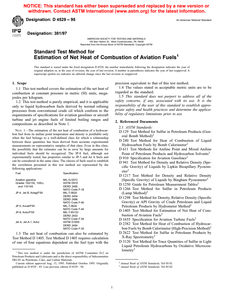 ASTM D4529-95 - Standard Test Method for Estimation of Net Heat of Combustion of Aviation Fuels