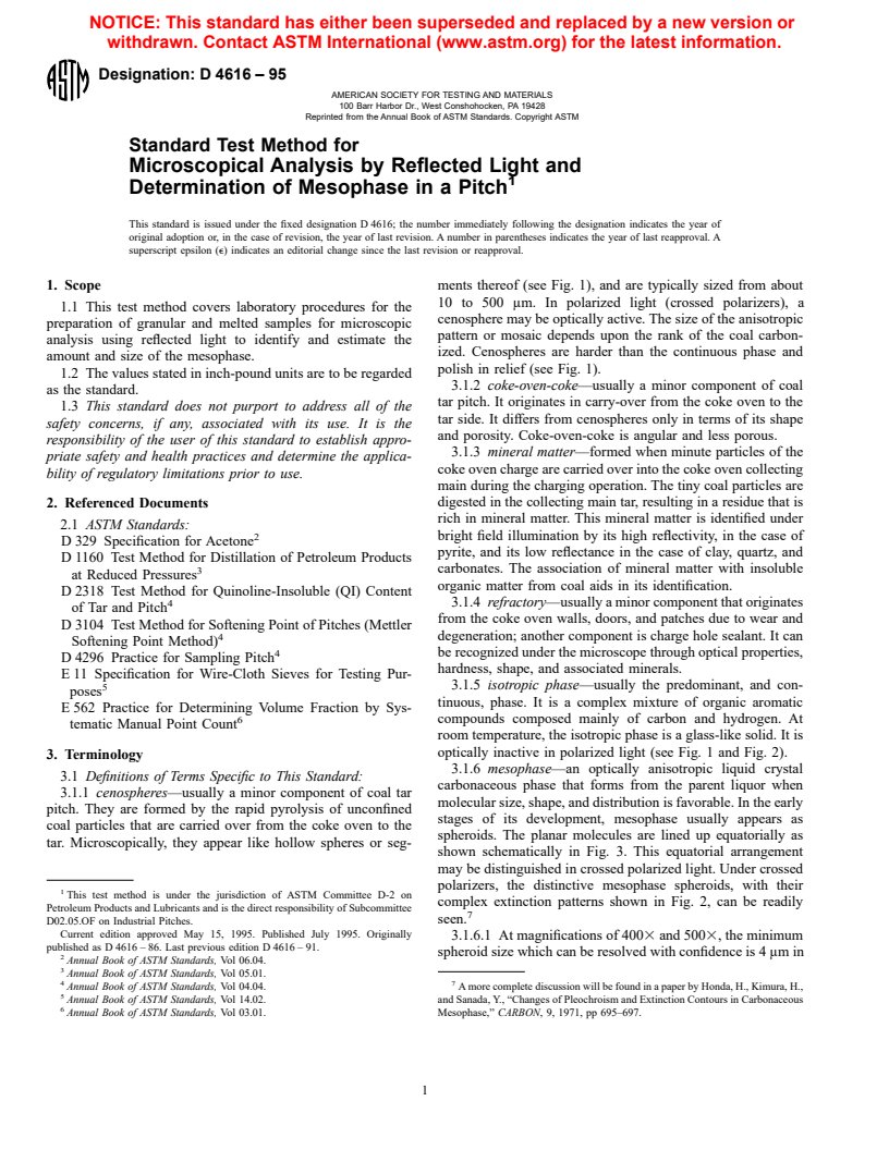 ASTM D4616-95 - Standard Test Method for Microscopical Analysis by Reflected Light and Determination of Mesophase in a Pitch