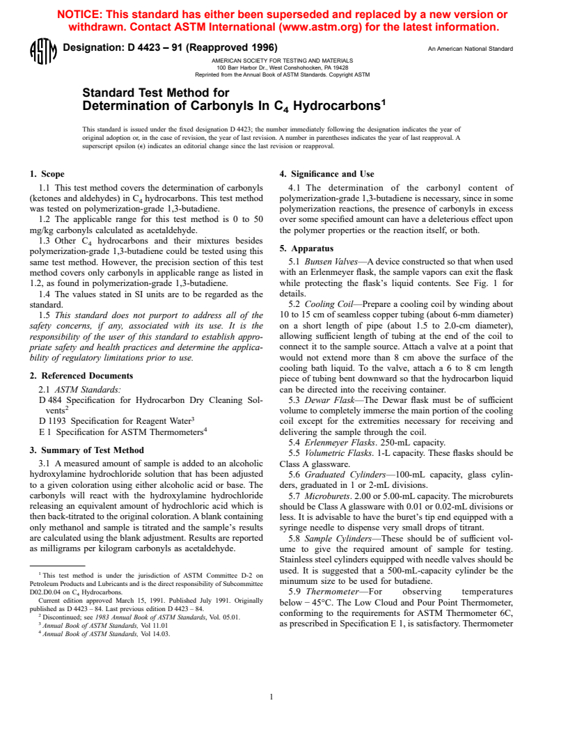 ASTM D4423-91(1996) - Standard Test Method for Determination of Carbonyls In C<sub>4</sub> Hydrocarbons