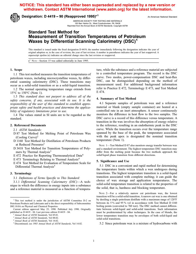 ASTM D4419-90(1995)e1 - Standard Test Method for Measurement of Transition Temperatures of Petroleum Waxes by Differential Scanning Calorimetry (DSC)