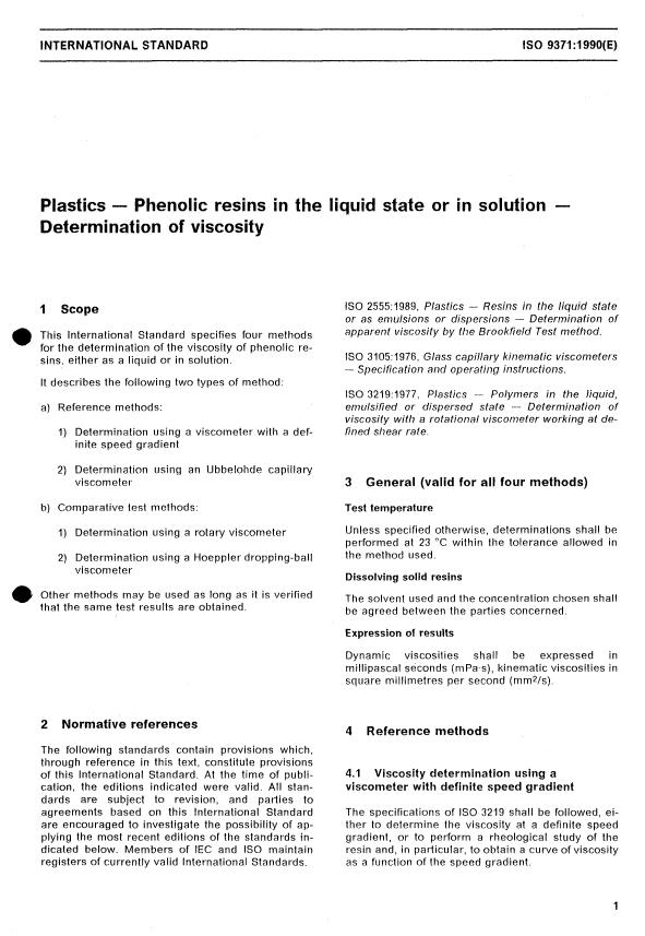 ISO 9371:1990 - Plastics -- Phenolic resins in the liquid state or in solution -- Determination of viscosity