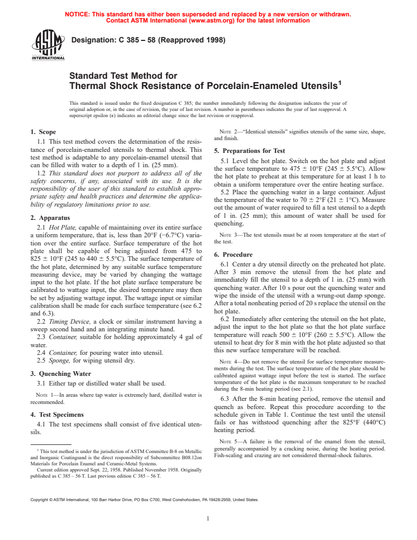 ASTM C385-58(1998) - Standard Test Method for Thermal Shock Resistance of Porcelain-Enameled Utensils