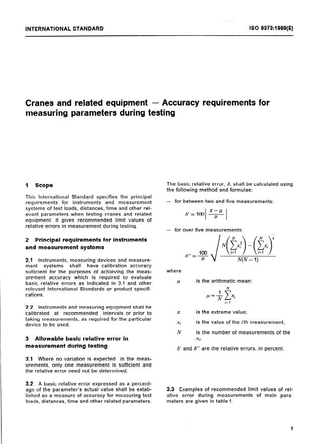 ISO 9373:1989 - Cranes and related equipment -- Accuracy requirements for measuring parameters during testing