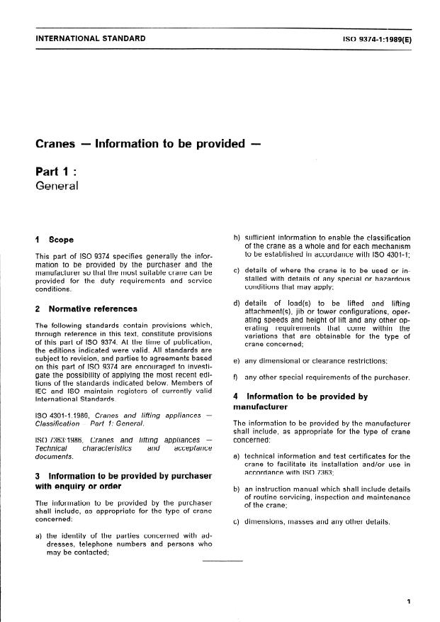 ISO 9374-1:1989 - Cranes -- Information to be provided