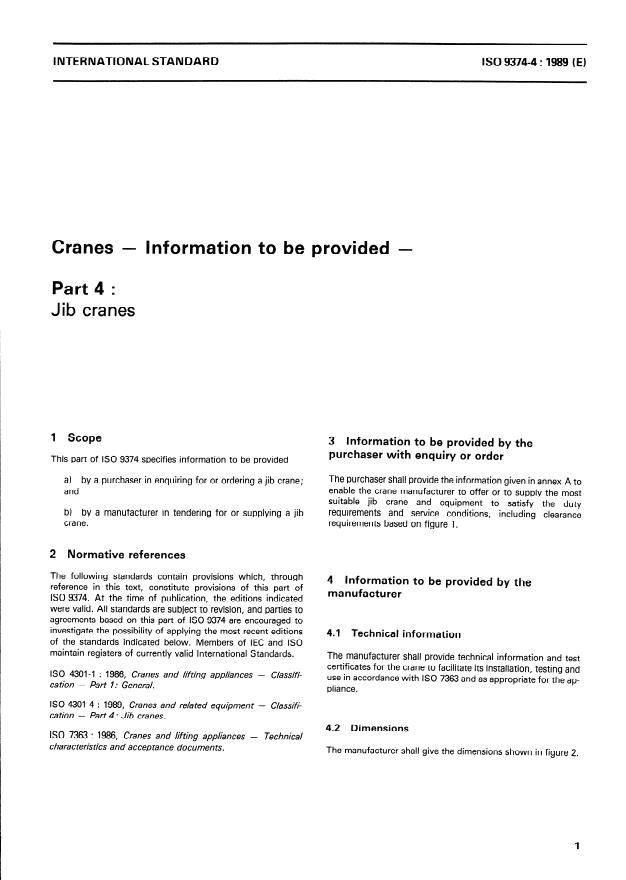 ISO 9374-4:1989 - Cranes -- Information to be provided