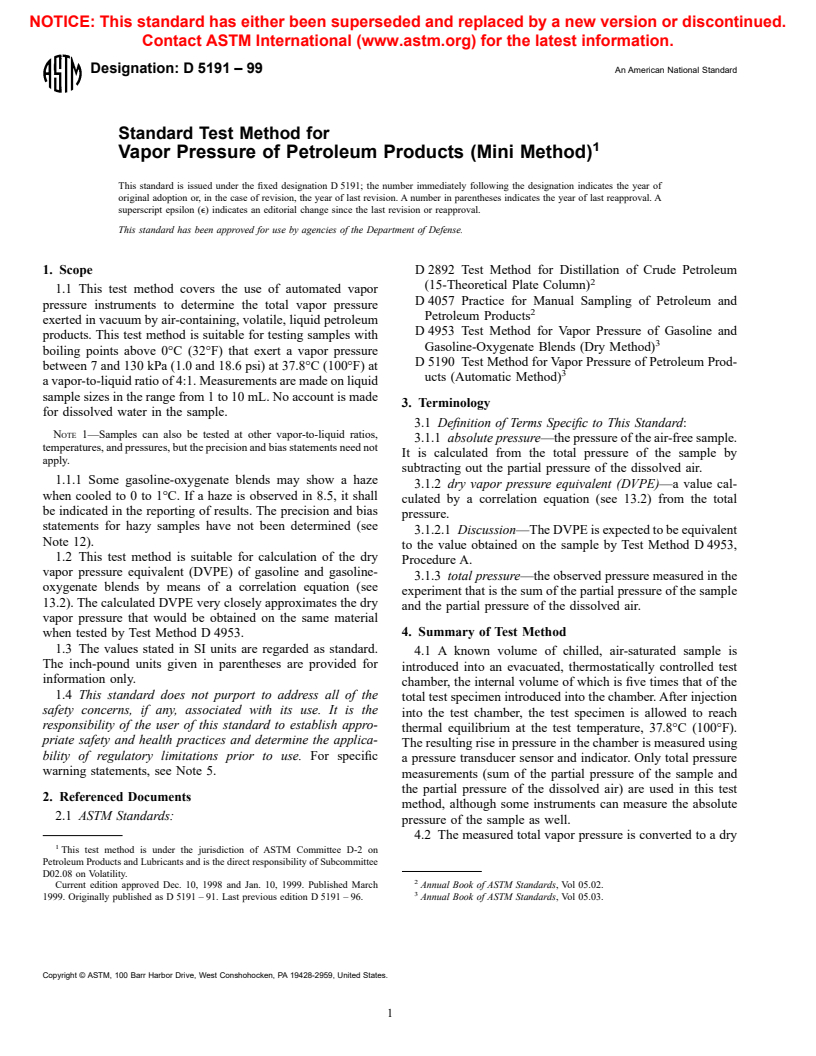 ASTM D5191-99 - Standard Test Method for Vapor Pressure of Petroleum Products (Mini Method)