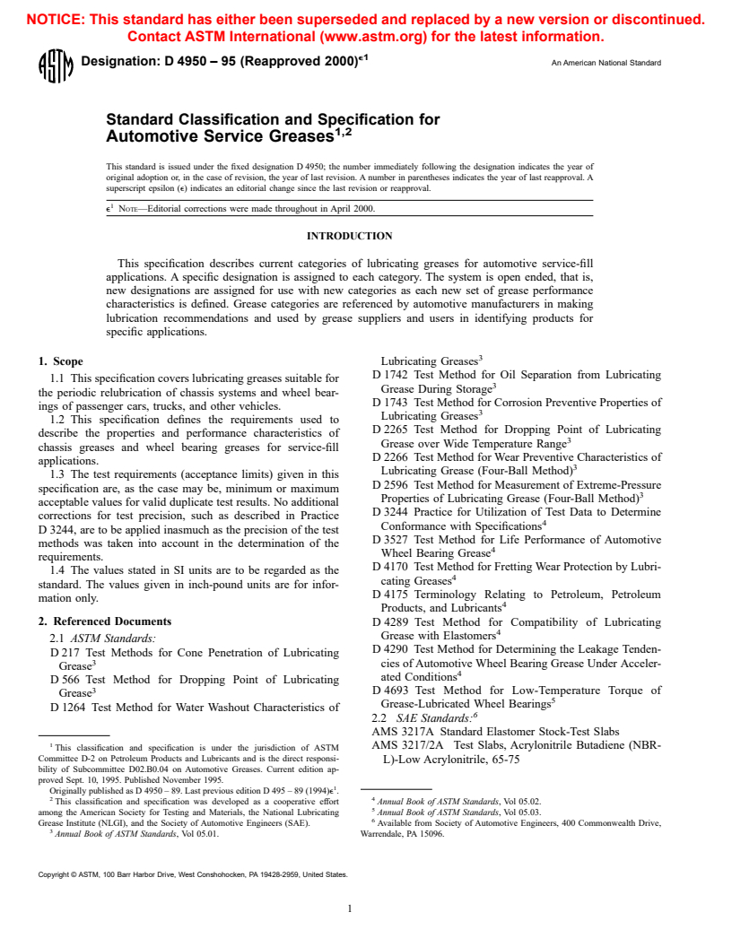 ASTM D4950-95(2000)e1 - Standard Classification and Specification of Automotive Service Greases