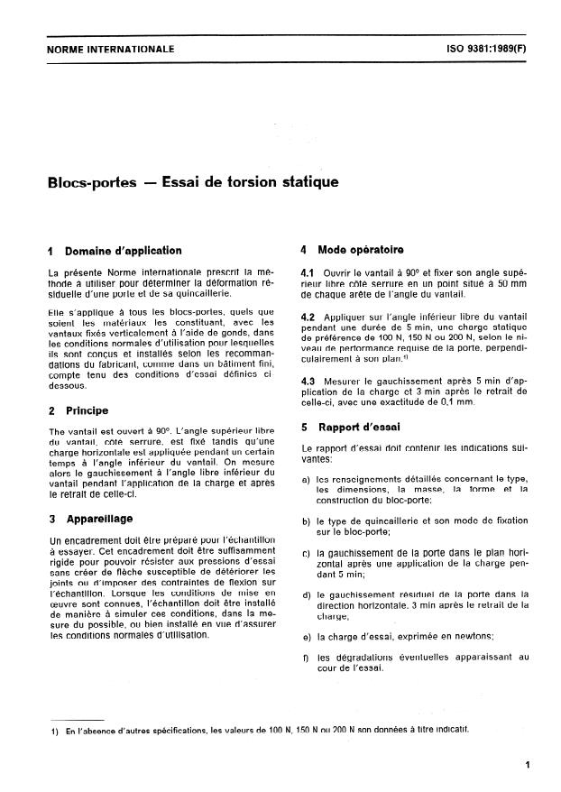 ISO 9381:1989 - Blocs-portes -- Essai de torsion statique