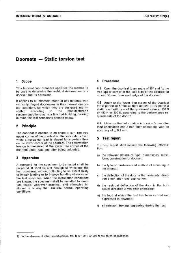 ISO 9381:1989 - Doorsets -- Static torsion test