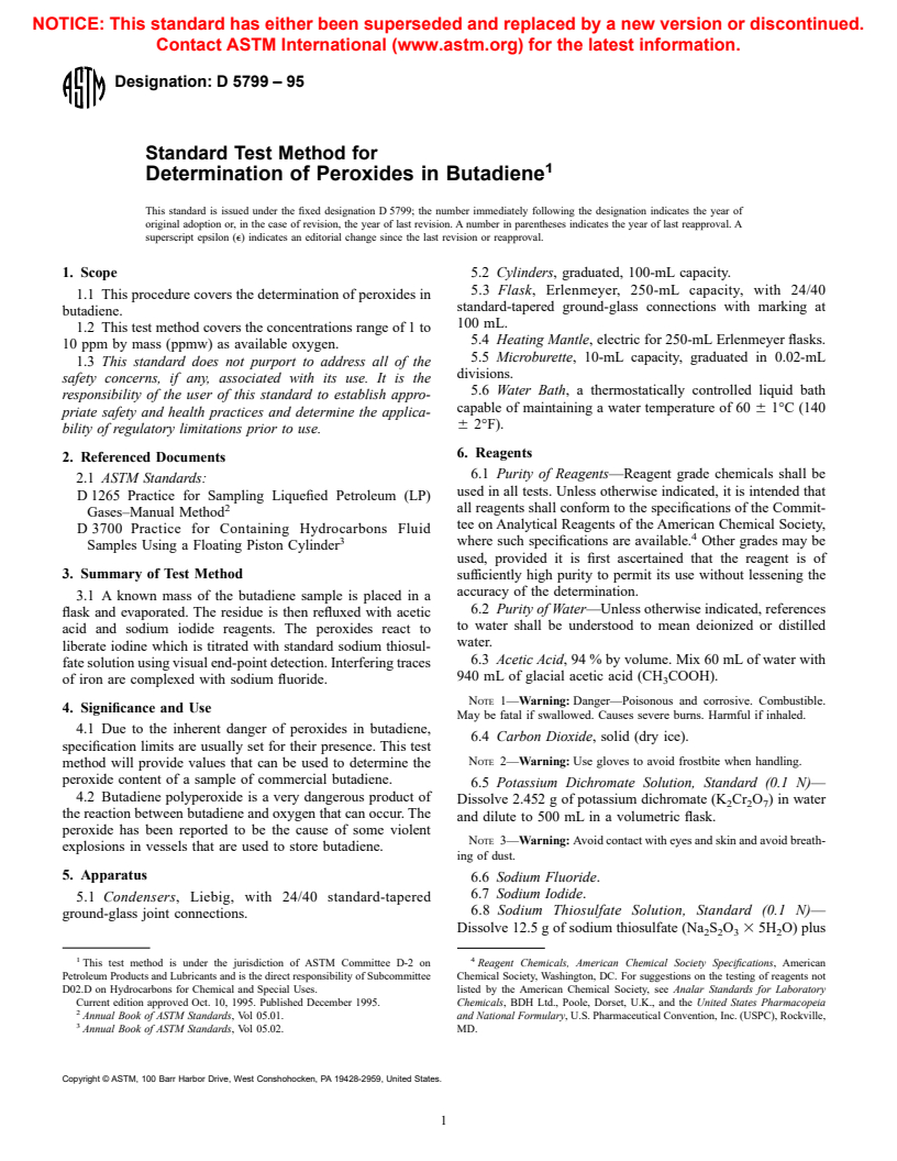 ASTM D5799-95 - Standard Test Method for Determination of Peroxides in Butadiene