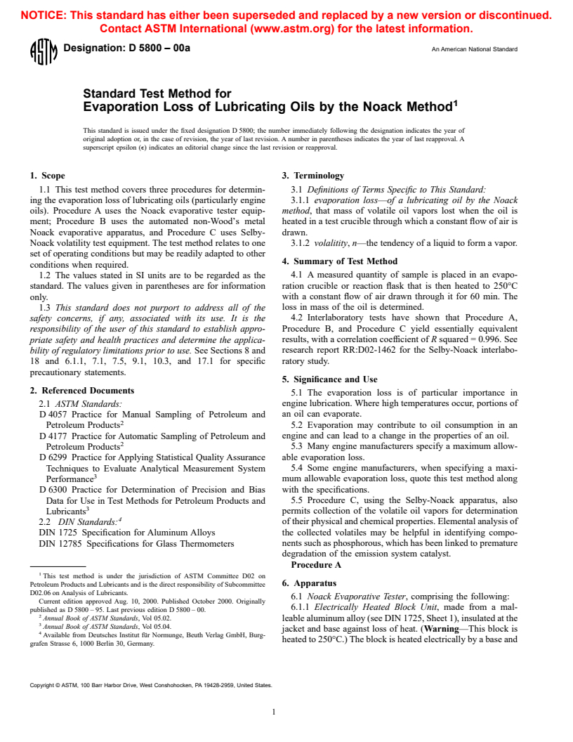 ASTM D5800-00a - Standard Test Method for Evaporation Loss of Lubricating Oils by the Noack Method