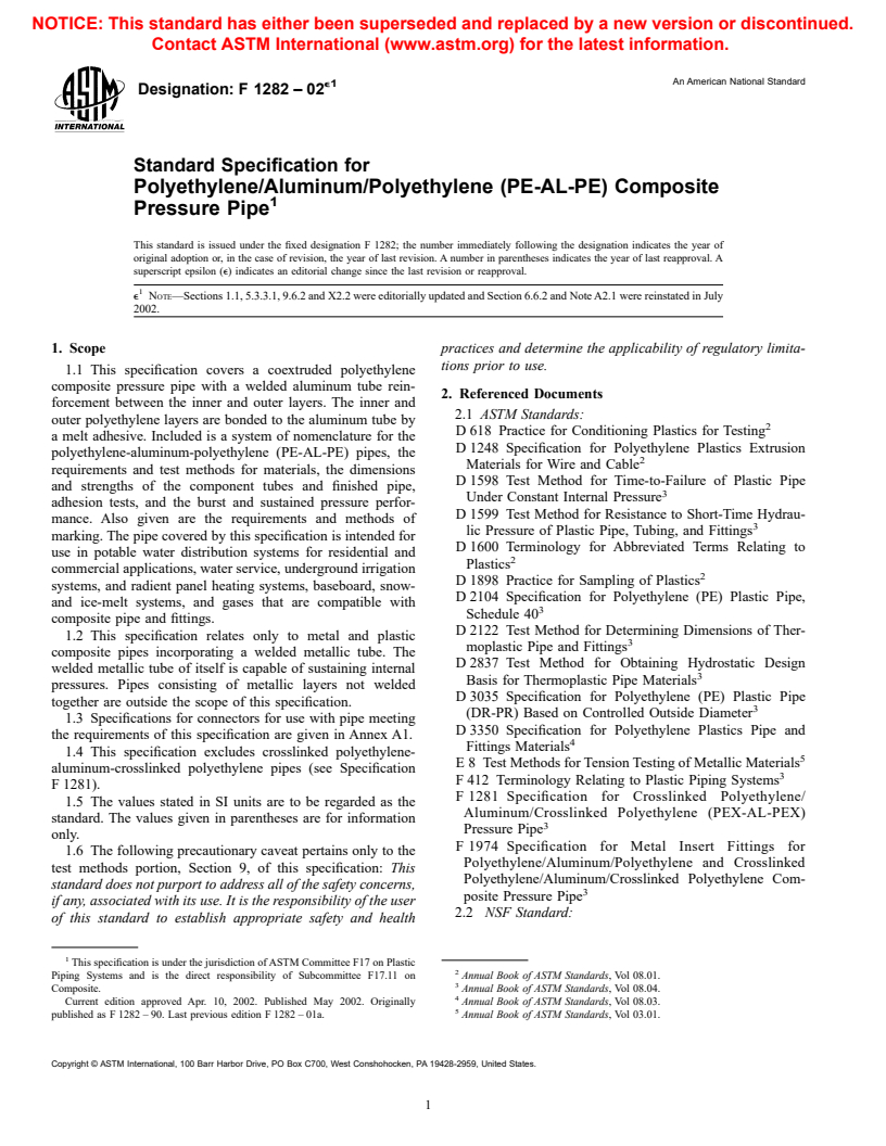 ASTM F1282-02e1 - Standard Specification for Polyethylene/Aluminum/Polyethylene (PE-AL-PE) Composite Pressure Pipe