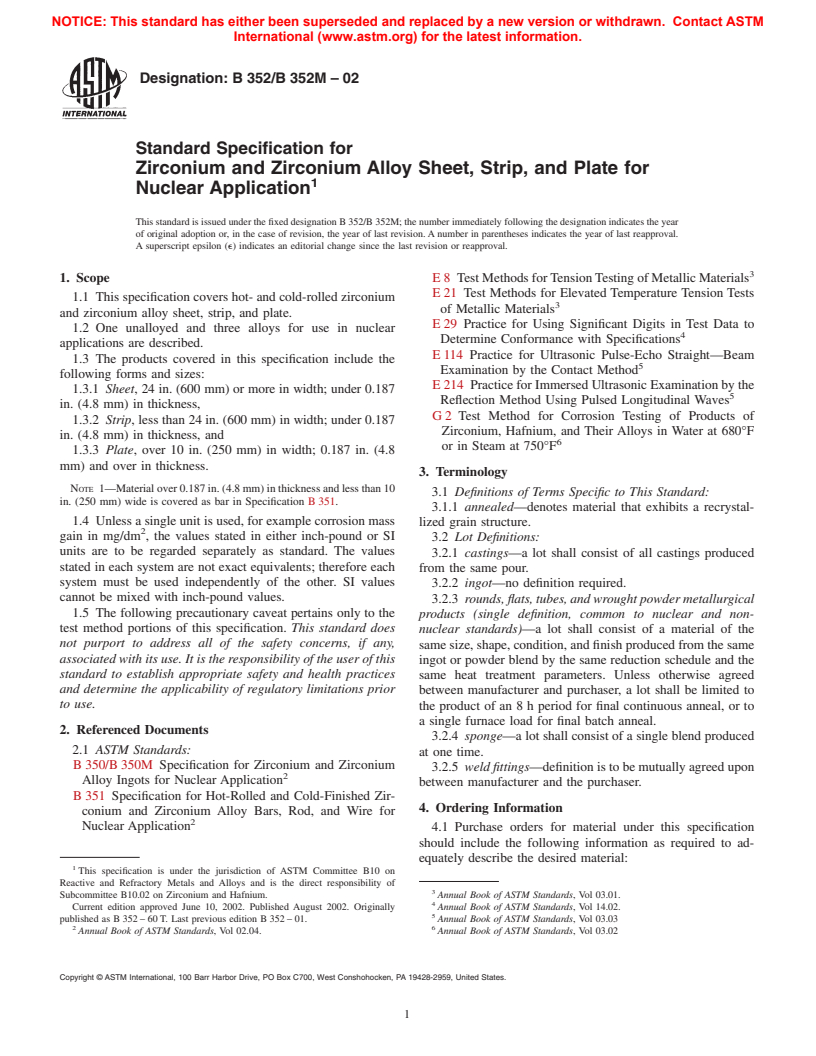 ASTM B352/B352M-02 - Standard Specification for Zirconium and Zirconium Alloy Sheet, Strip, and Plate for Nuclear Application