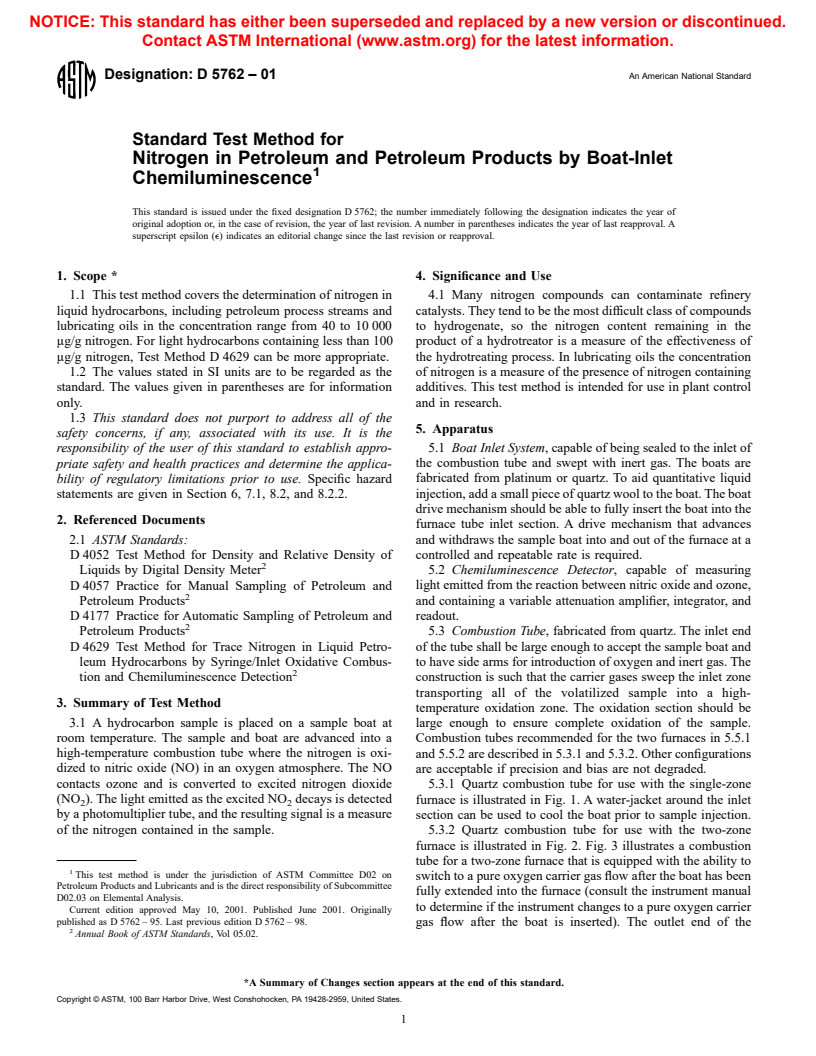 ASTM D5762-01 - Standard Test Method for Nitrogen in Petroleum and Petroleum Products by Boat-Inlet Chemiluminescence