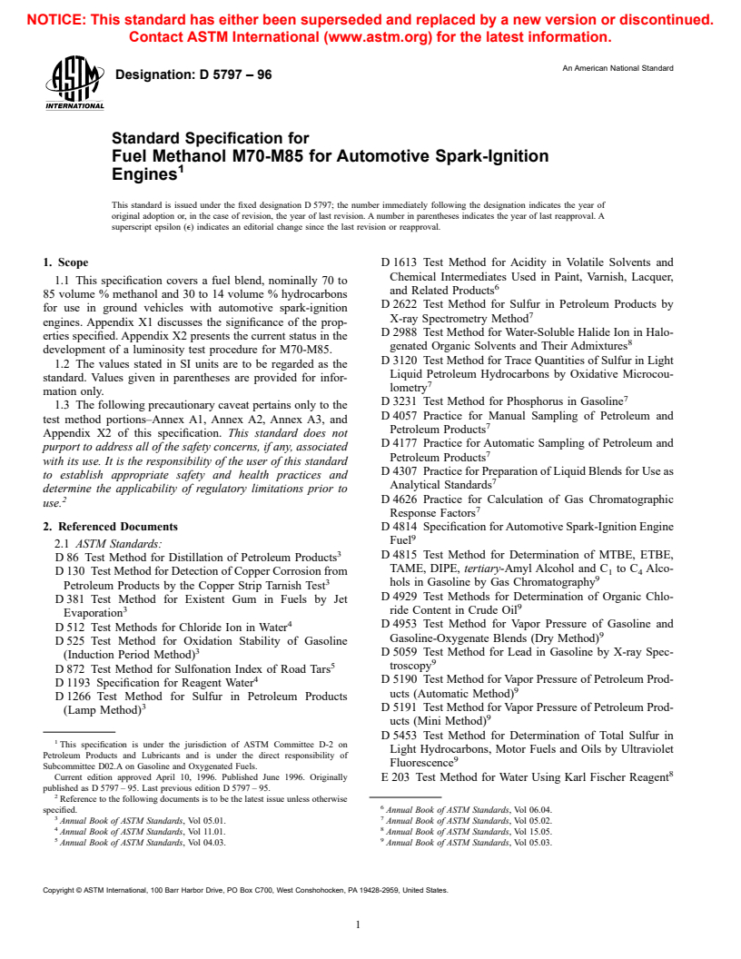 ASTM D5797-96 - Standard Specification for Fuel Methanol (M70-M85) for Automotive Spark-Ignition Engines