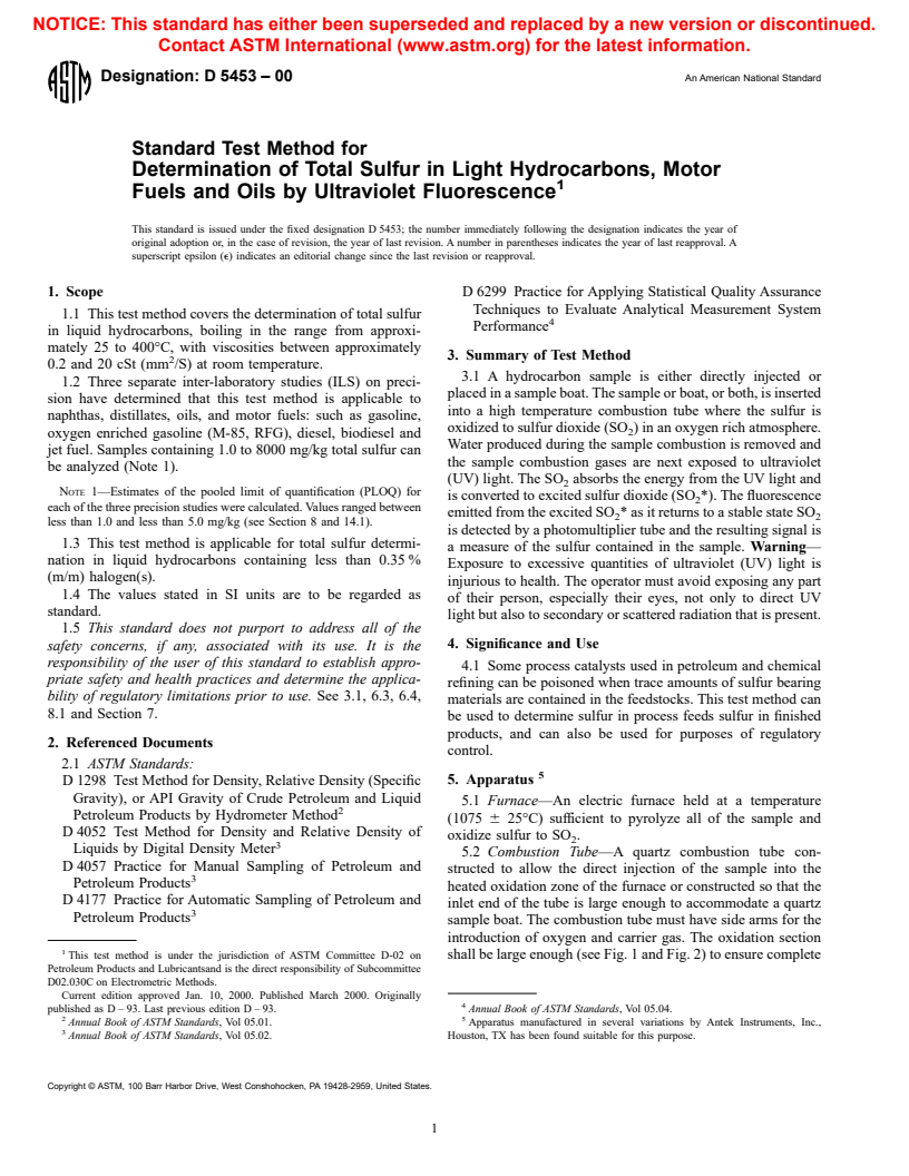 ASTM D5453-00 - Standard Test Method for Determination of Total Sulfur in Light Hydrocarbons, Motor Fuels and Oils by Ultraviolet Fluorescence