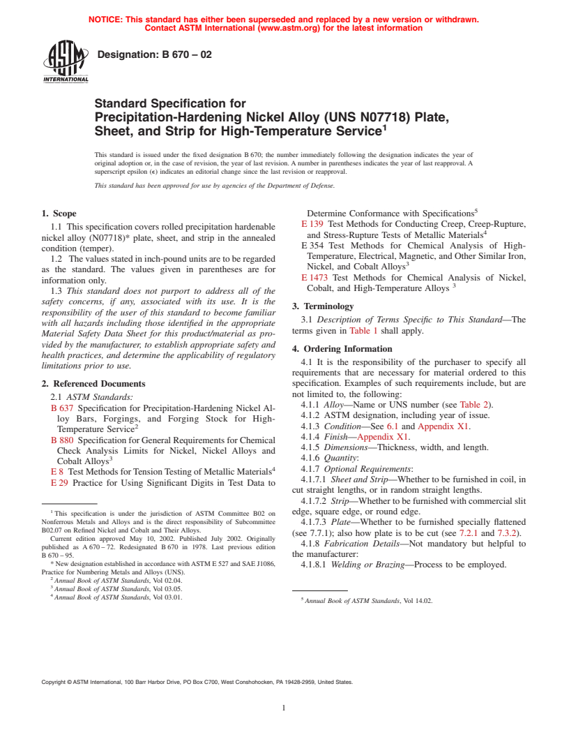 ASTM B670-02 - Standard Specification for Precipitation-Hardening Nickel Alloy (UNS N07718) Plate, Sheet, and Strip for High-Temperature Service