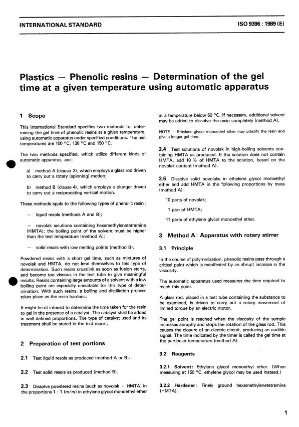 ISO 9396:1989 - Plastics -- Phenolic resins -- Determination of the gel time at a given temperature using automatic apparatus