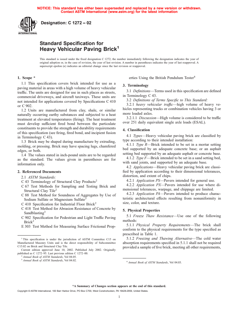 ASTM C1272-02 - Standard Specification for Heavy Vehicular Paving Brick