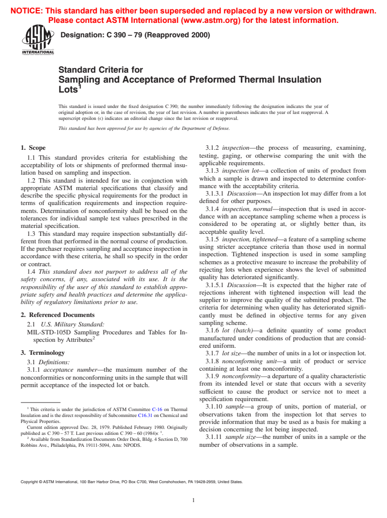 ASTM C390-79(2000) - Standard Criteria for Sampling and Acceptance of Preformed Thermal Insulation Lots