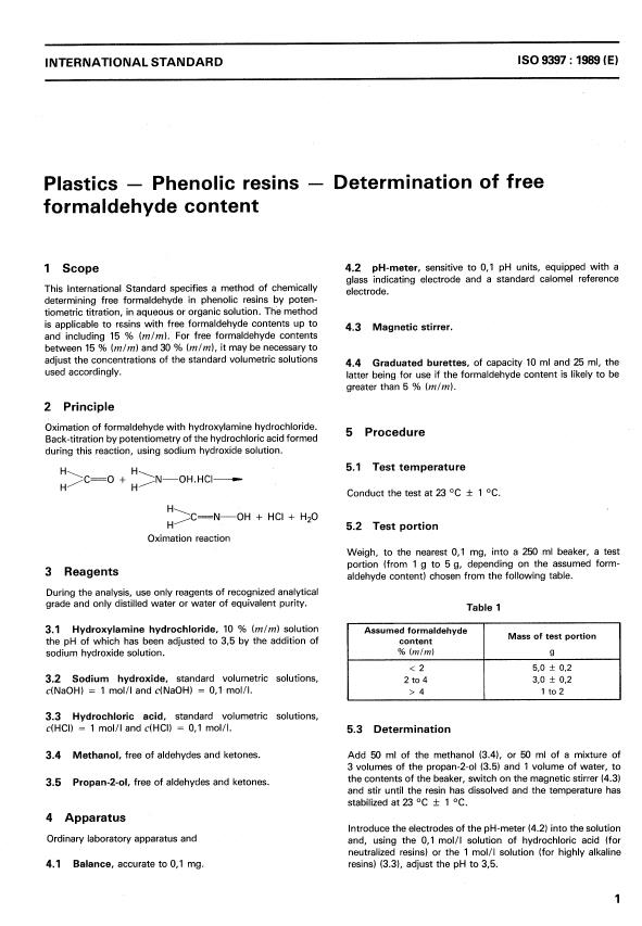 ISO 9397:1989 - Plastics -- Phenolic resins -- Determination of free formaldehyde content