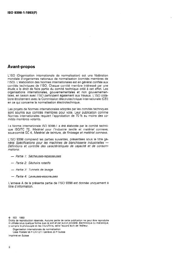 ISO 9398-1:1993 ISO 9398-1:1993 - Spécifications pour les machines de blanchisserie industrielles -- Définitions et contrôle des caractéristiques de capacité et de consommations - Page 2 preview