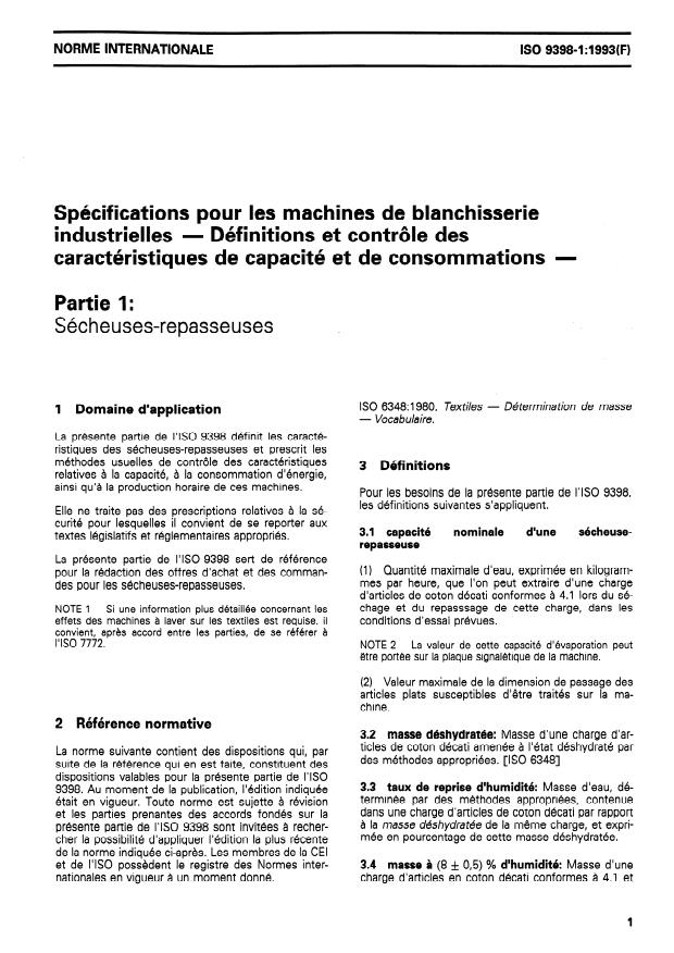 ISO 9398-1:1993 - Spécifications pour les machines de blanchisserie industrielles -- Définitions et contrôle des caractéristiques de capacité et de consommations