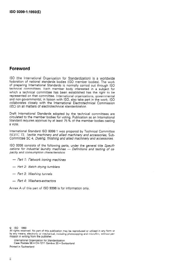 ISO 9398-1:1993 ISO 9398-1:1993 - Specifications for industrial laundry machines -- Definitions and testing of capacity and consumption characteristics - Page 2 preview