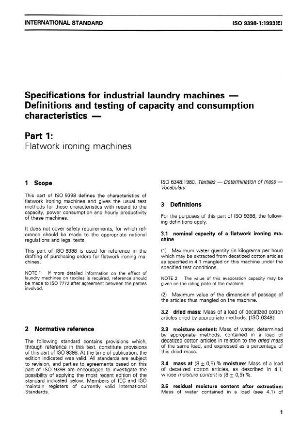 ISO 9398-1:1993 - Specifications for industrial laundry machines -- Definitions and testing of capacity and consumption characteristics