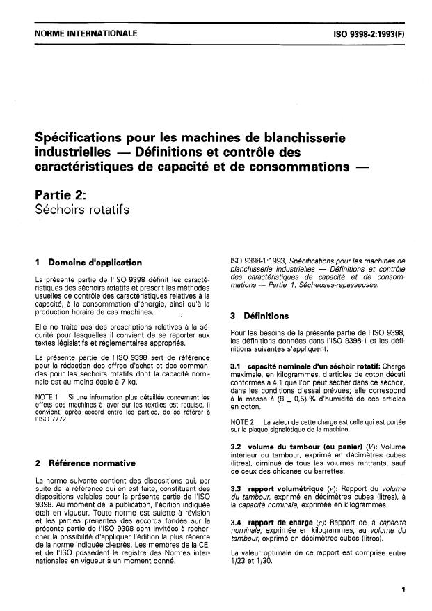 ISO 9398-2:1993 - Spécifications pour les machines de blanchisserie industrielles -- Définitions et contrôle des caractéristiques de capacité et de consommations