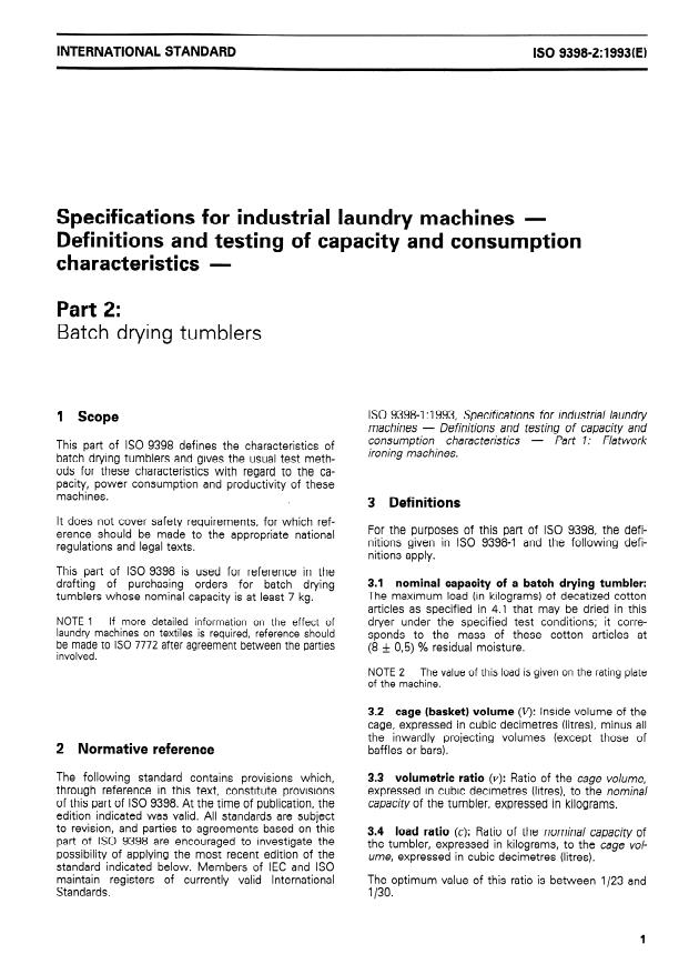 ISO 9398-2:1993 - Specifications for industrial laundry machines -- Definitions and testing of capacity and consumption characteristics