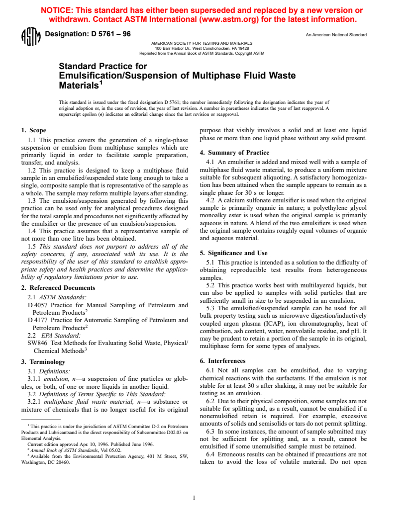 ASTM D5761-96 - Standard Practice for Emulsification/Suspension of Multiphase Fluid Waste Materials