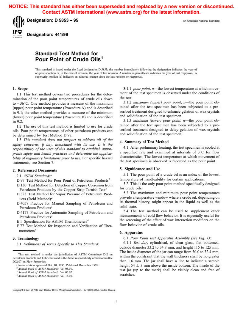 ASTM D5853-95 - Standard Test Method for Pour Point of Crude Oils