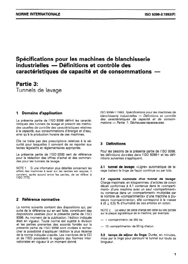 ISO 9398-3:1993 - Spécifications pour les machines de blanchisserie industrielles -- Définitions et contrôle des caractéristiques de capacité et de consommations