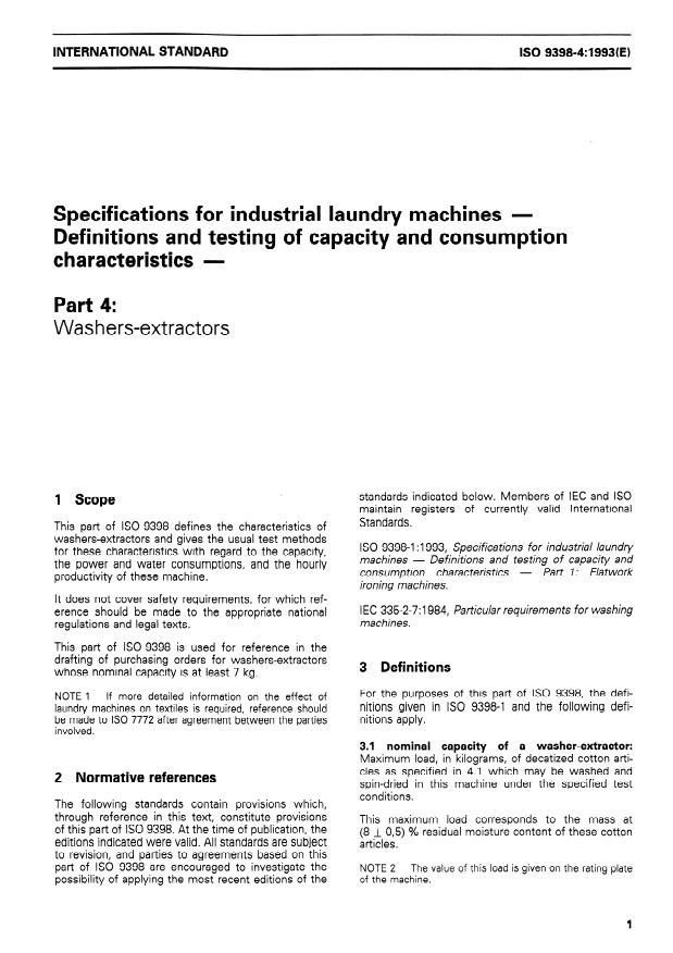 ISO 9398-4:1993 - Specifications for industrial laundry machines -- Definitions and testing of capacity and consumption characteristics