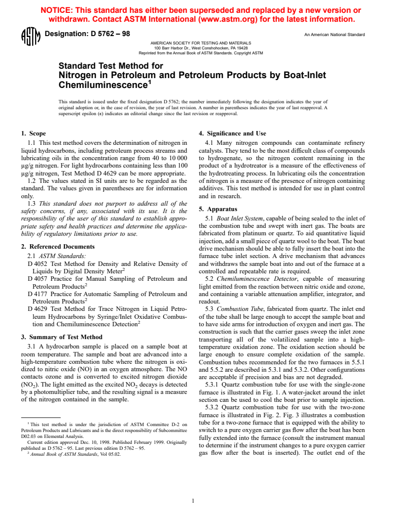 ASTM D5762-98 - Standard Test Method for Nitrogen in Petroleum and Petroleum Products by Boat-Inlet Chemiluminescence