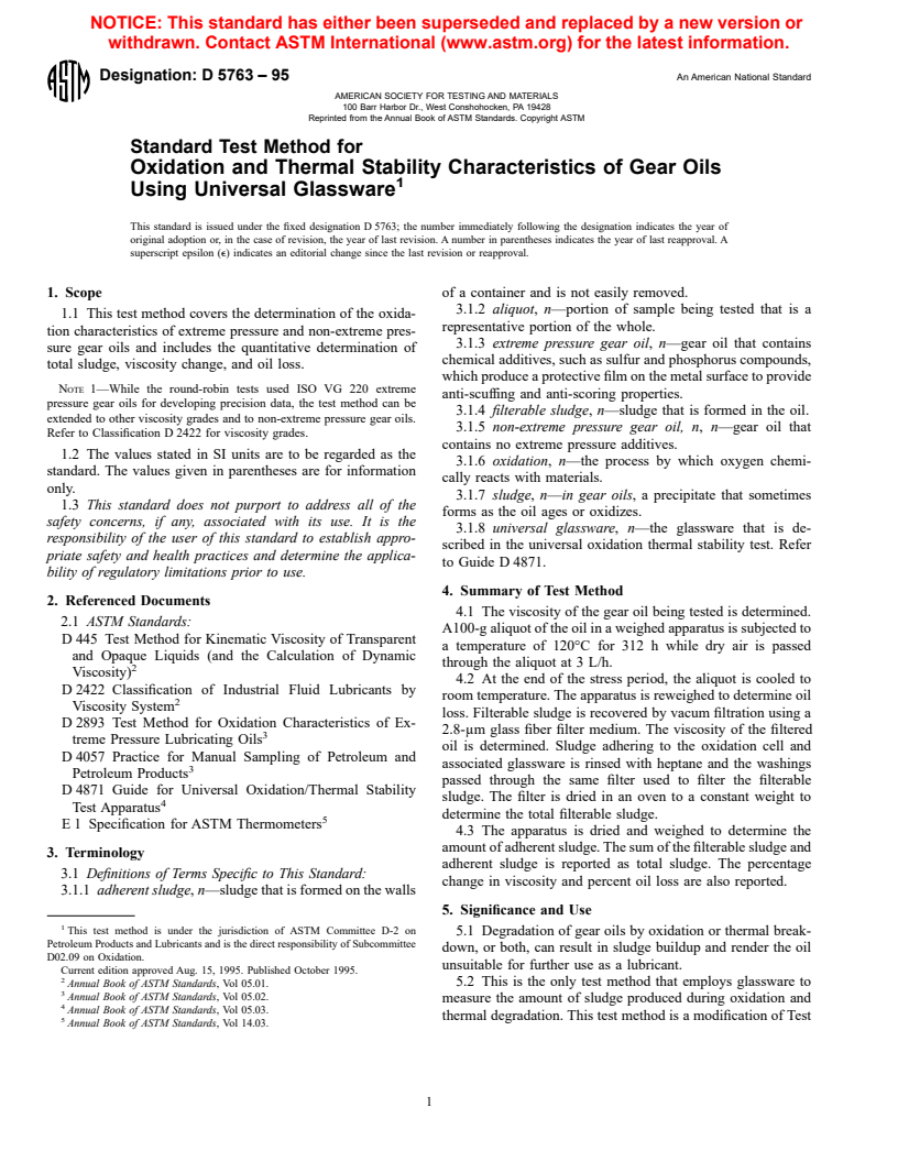 ASTM D5763-95 - Standard Test Method for Oxidation and Thermal Stability Characteristics of Gear Oils Using Universal Glassware