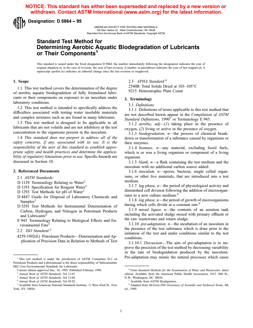 ASTM D5864-95 - Standard Test Method for Determining Aerobic Aquatic Biodegradation of Lubricants or Their Components