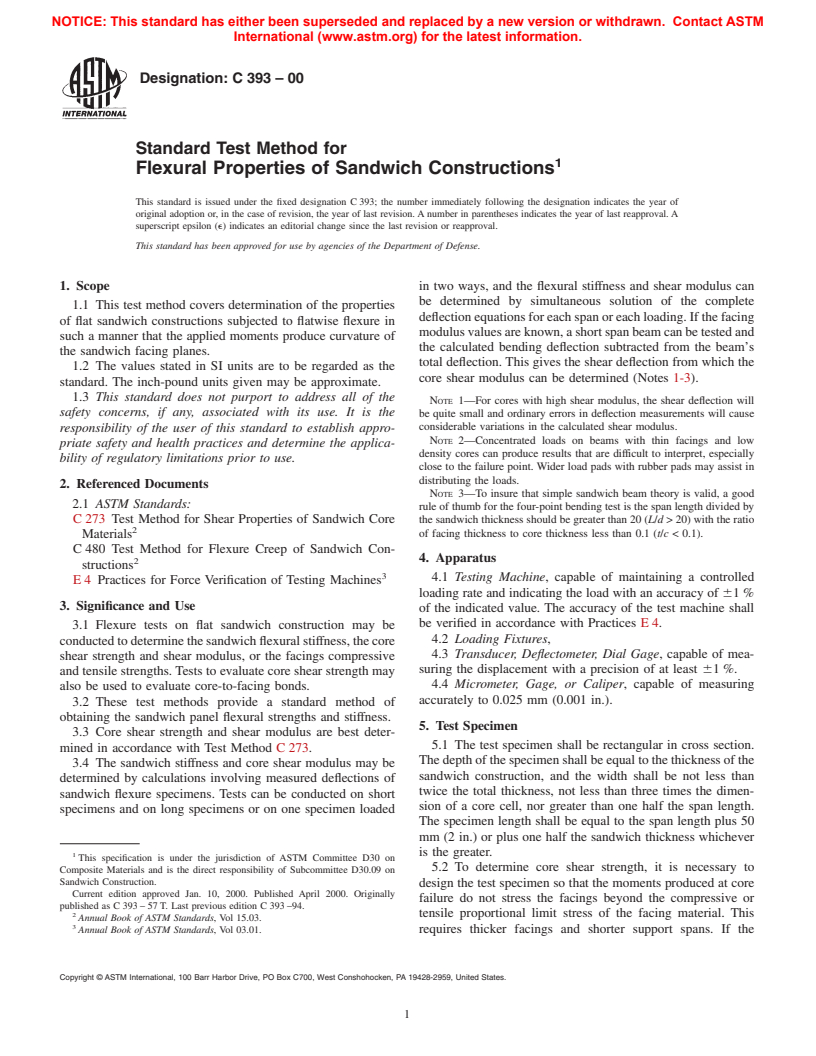 ASTM C393-00 - Standard Test Method for Flexural Properties of Sandwich Constructions