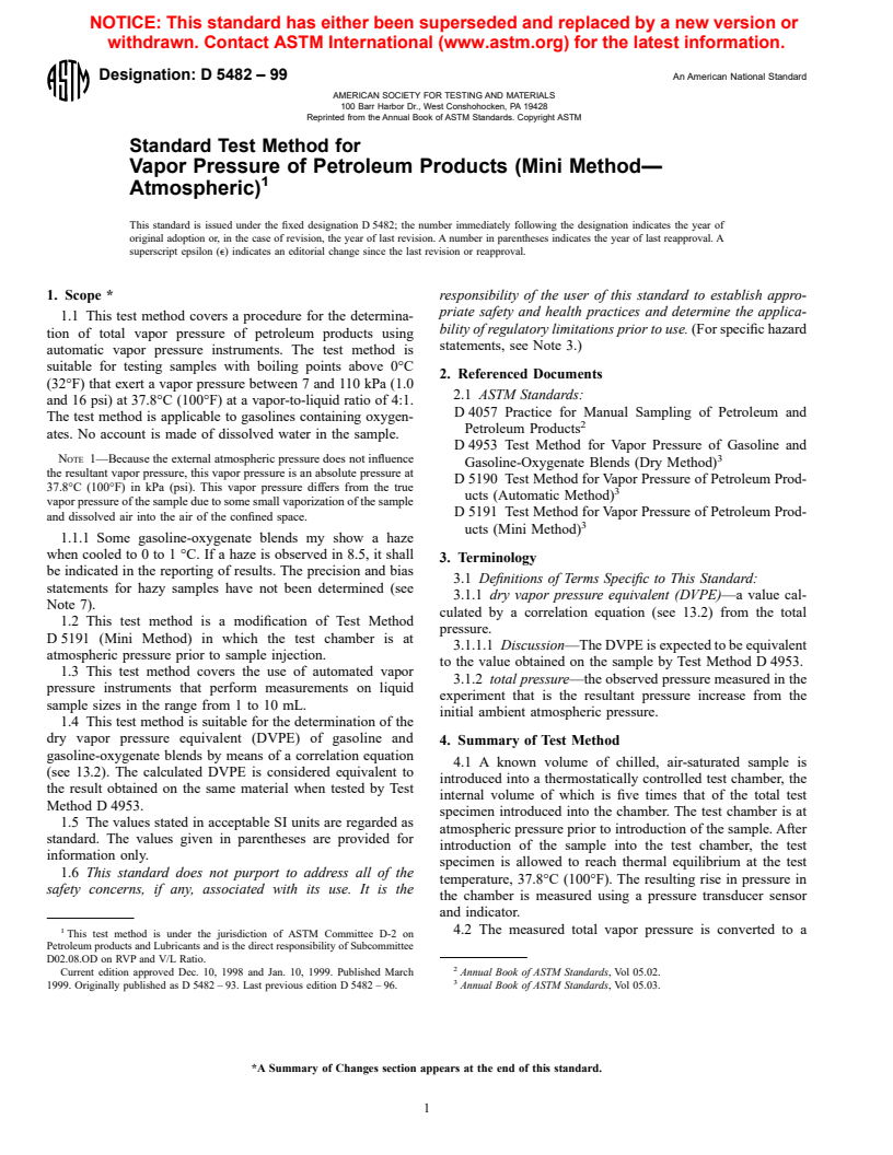 ASTM D5482-99 - Standard Test Method for Vapor Pressure of Petroleum Products (Mini Method-Atmospheric)