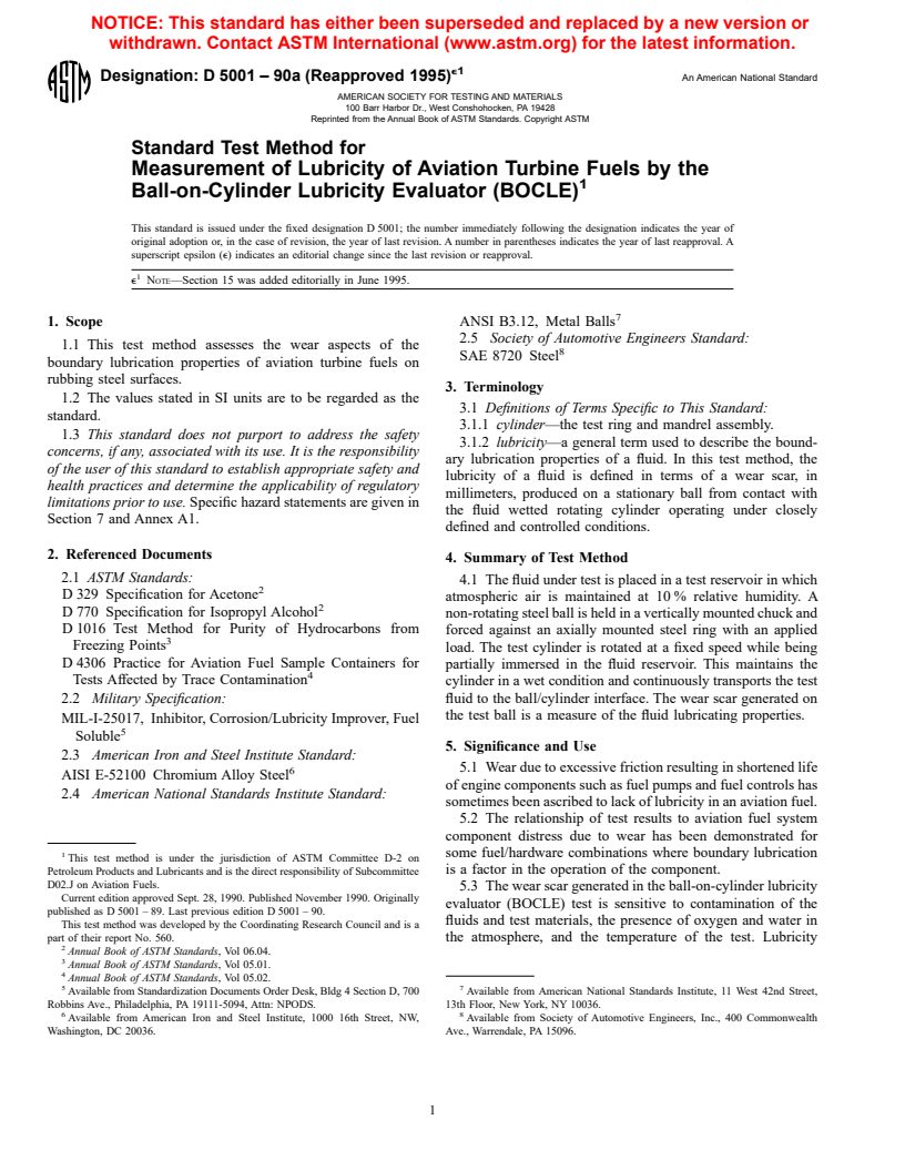 ASTM D5001-90a(1995)e1 - Standard Test Method for Measurement of Lubricity of Aviation Turbine Fuels by the Ball-on-Cylinder Lubricity Evaluator (BOCLE)